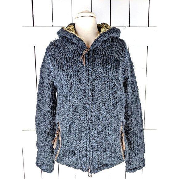 So Cal Brand blue chunky wool hoodie sweater cardigan jacket - Picture 2 of 4